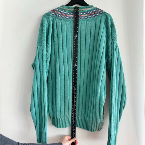 Vintage 90s INC Teal Purple V Neck Fisherman Knit Sweater Size Large 100% Cotton - Picture 6 of 8
